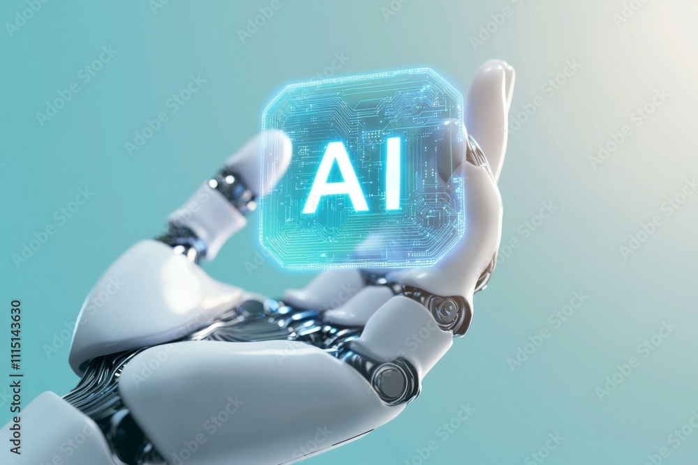 Poster a robot is holding a cube with the letters ai on it