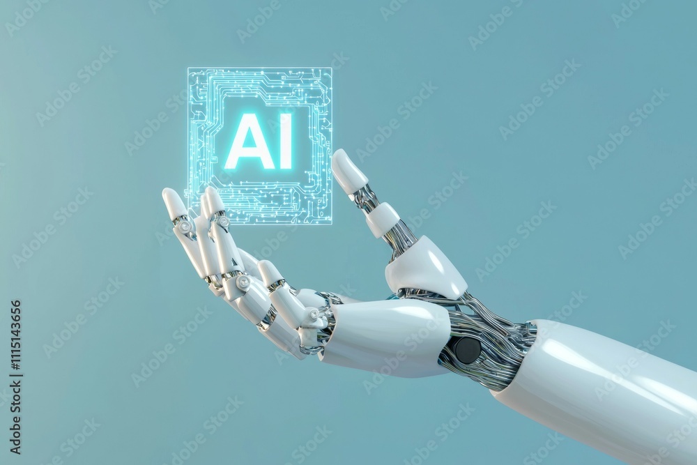 Poster a robot hand holding a square with the letters ai on it