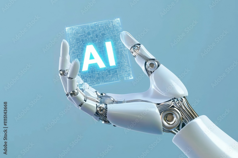 Poster a robot hand holding a cube with the letters ai on it
