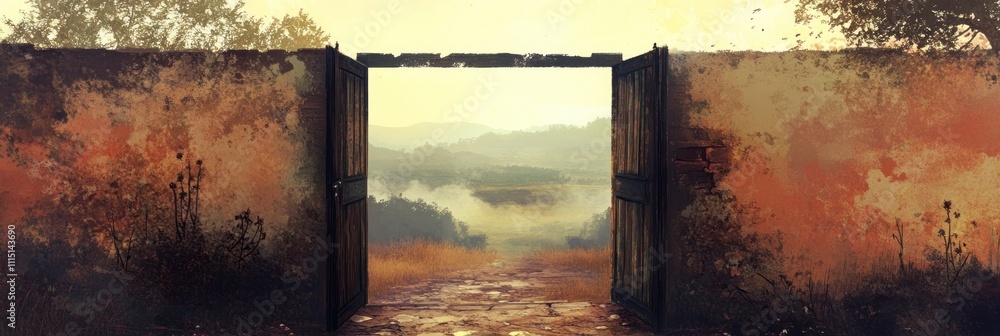 Poster a serene landscape view through an open gate, inviting exploration of nature beyond.
