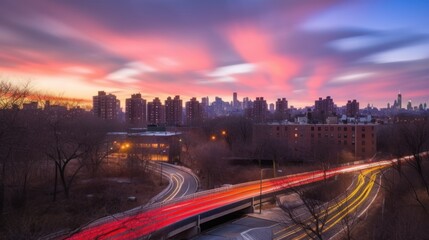 A vibrant sunset over a cityscape with light trails from moving vehicles.
