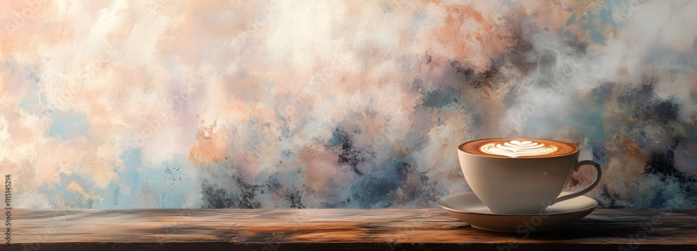 Poster a steaming cup of cappuccino with intricate foam art, set on a rustic wooden table with a soft paste