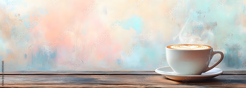 Poster a steaming cup of cappuccino with intricate foam art, set on a rustic wooden table with a soft paste
