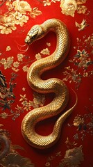 Obraz premium An exquisitely drawn golden snake in traditional Chinese style, coiled on a rich red and gold background, perfect for celebrating the Year of the Snake, cultural events and festive designs.