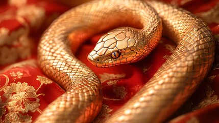 Obraz premium An exquisitely drawn golden snake in traditional Chinese style, coiled on a rich red and gold background, perfect for celebrating the Year of the Snake, cultural events and festive designs.