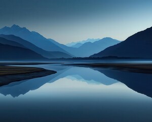 Riverbank at dusk, misty mountains in the background, soft light reflecting off the water, remote and peaceful