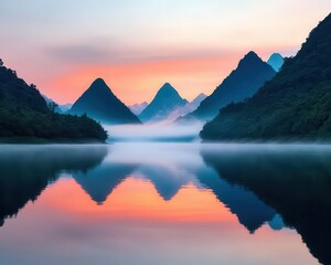 Quiet riverbank at sunrise, mist hanging over the water, towering mountain peaks in the background