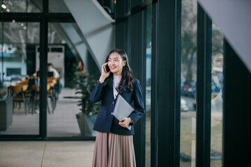 Young businesswoman is smiling while talking on her phone and holding a laptop, standing in the...