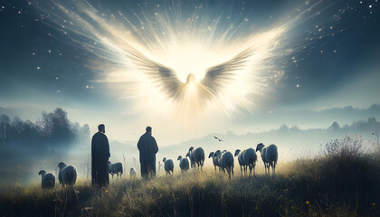 Shepherds watching their flock in a field looking at an angel in the sky, emanating light.