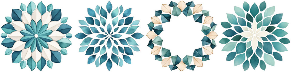 Fototapeta premium Persian pattern and heritage, A series of decorative floral designs featuring layered leaves in shades of blue and green, evoking a natural and elegant aesthetic.