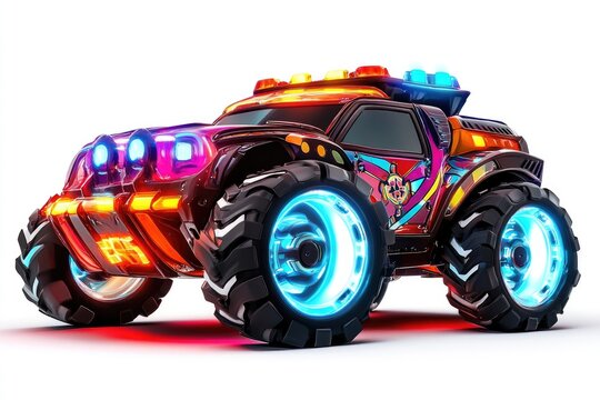 Futuristic Monster Truck Design:  Luminous Wheels, Bold Colors, Emergency Lights, Powerful Engine,  Amazing Off-Road Vehicle.
