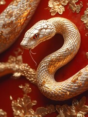 Fototapeta premium An exquisitely drawn golden snake in traditional Chinese style, coiled on a rich red and gold background, perfect for celebrating the Year of the Snake, cultural events and festive designs.