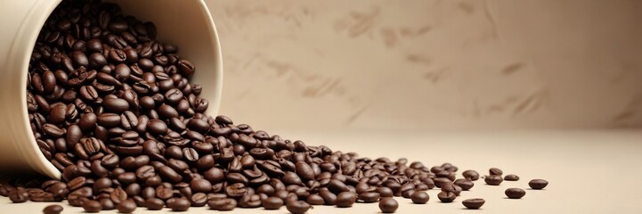 A handful of coffee beans are spilling out of a large, beige ceramic container , mess, spill, beige