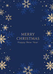 Merry Christmas greeting card, minimalist design of xmas with gold and blue snowflakes on blue christmas background.