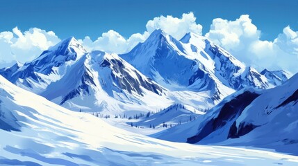 Obraz premium Majestic snow-capped mountains under a bright blue sky; small cluster of trees visible in valley. Perfect for travel brochures, winter wonderland designs, or illustrating serene landscapes.