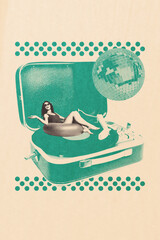 Vertical photo collage of happy girl sit lifebuoy swim retro player vinyl disk music friday event...