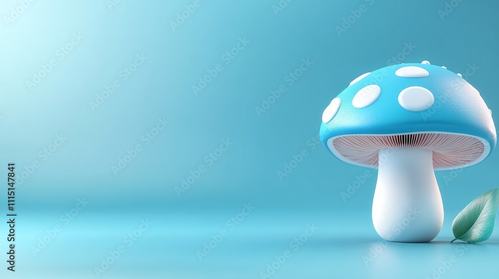 Poster single 3d mushroom model on empty blue background with leaf
