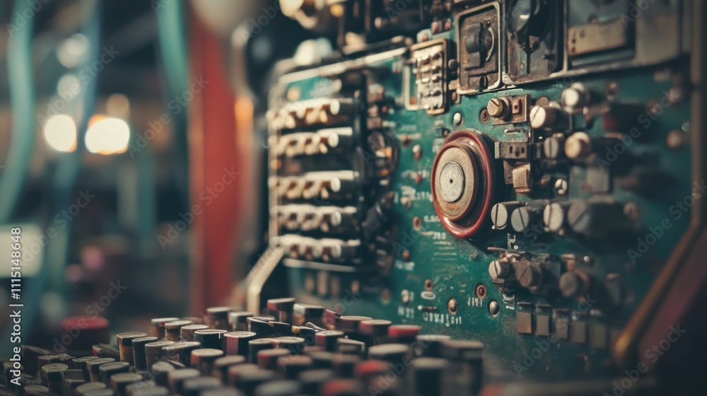Poster close-up of a vintage circuit board with various electronic components and buttons.