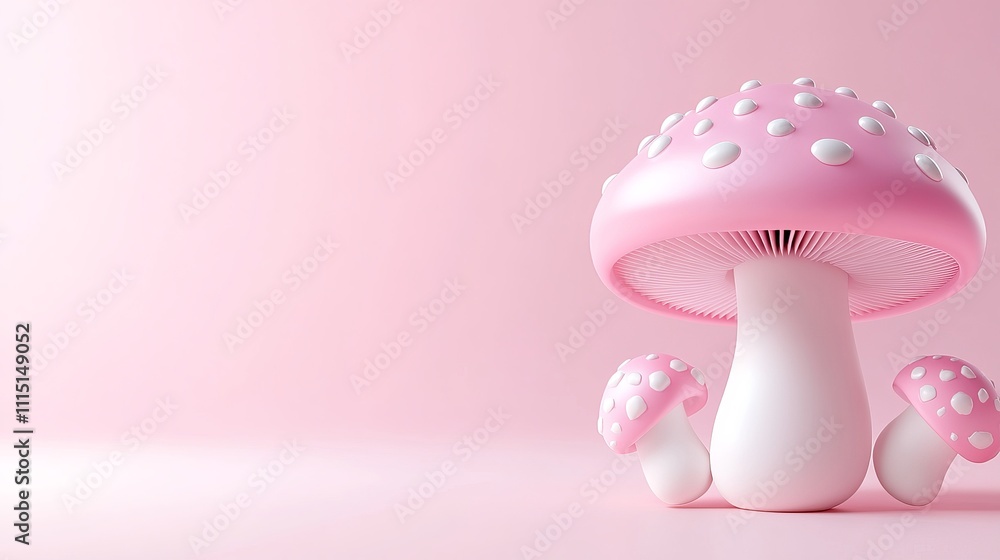 Poster 3d pink mushroom model on soft color background for design use