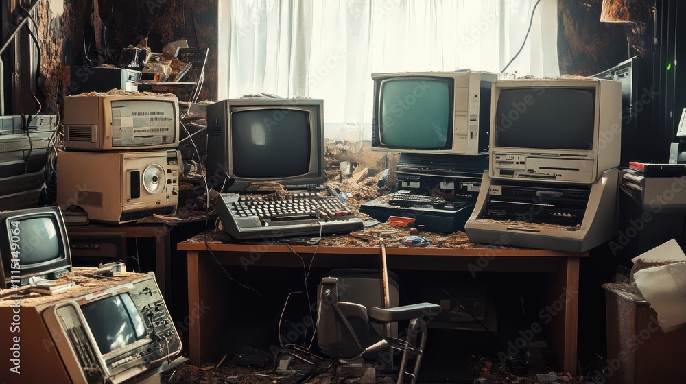 Poster a cluttered workspace filled with vintage computers and electronics in disarray.