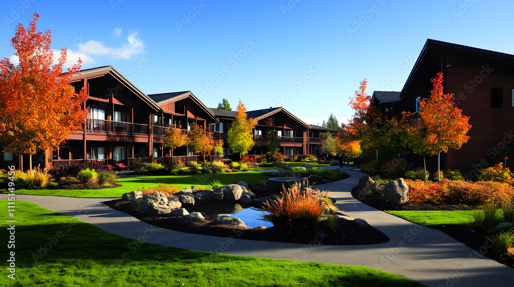 Poster a serene resort with wooden buildings surrounded by colorful autumn trees and a tranquil pathway, cr