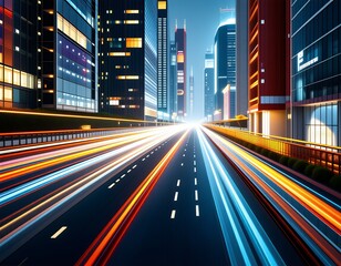 Obraz premium Night City Highway Speed Lights Urban Skyline Modern Architecture