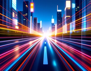 Fototapeta premium Futuristic City Highway Speed Light Trails Modern Buildings