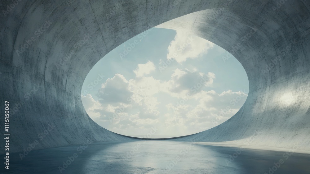 Poster a modern, curved architectural space with an open view of the sky and clouds.