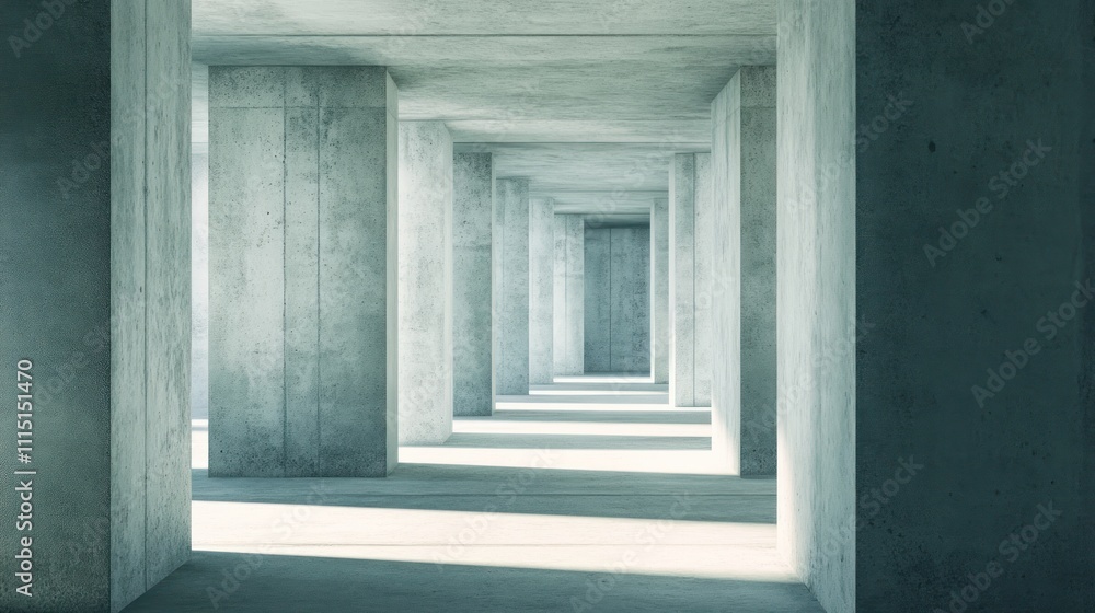 Poster a minimalist concrete corridor with columns and soft lighting creating depth and perspective.