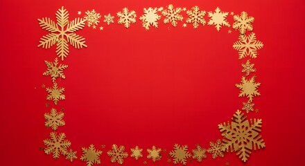 Gold foil concept Christmas or New Year festive frame on the red paper background. Copy space