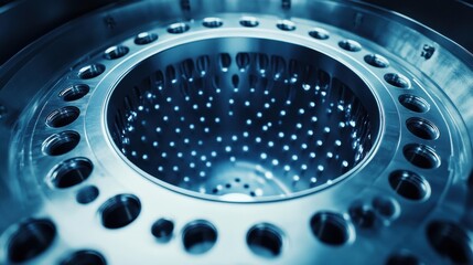 Close-up of a metallic industrial centrifuge; its intricate design showcases precision engineering. This image ideal for illustrating advanced technology, manufacturing, or scientific processes.