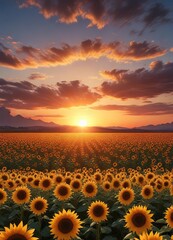 Obraz premium The sky transitions from vibrant blues to warm oranges as a beautiful sunset unfolds over a vast sunflower field , wide open spaces, flower field