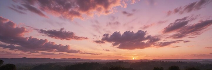 The sky is painted with soft pastels as the sun dips below the horizon , gentle gradient, subtle colors