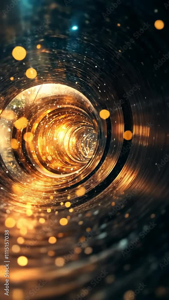 Poster swirling golden lights create a mesmerizing effect within a dark tunnel during nighttime exploration