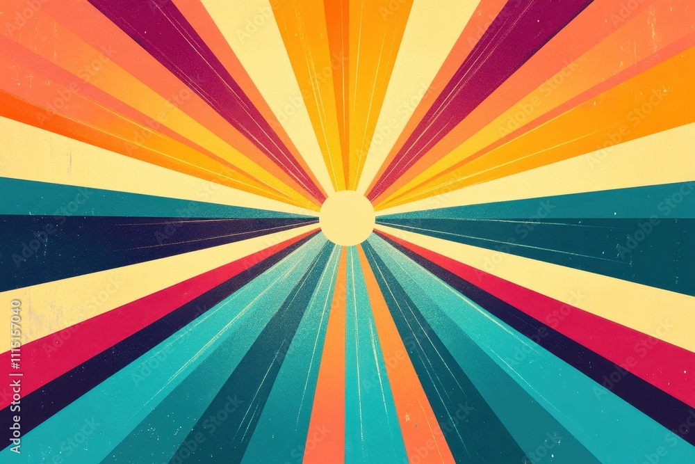 Poster vibrant retro sunburst design with textured stripes in warm and cool tones. ideal for 70s themed pro