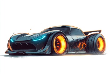 Fototapeta premium Futuristic Race Car Speeds Through Neon Cityscape at Night, Glowing Wheels and Sleek Design