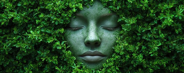 Obraz premium A calm face merging with the lush green landscape