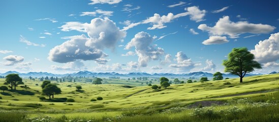 Serene Green Landscape with Vast Blue Sky and Rolling Clouds