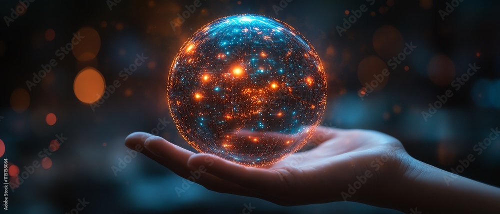 Poster a glowing digital sphere held by a hand, representing the interconnectedness of networks, digital tr