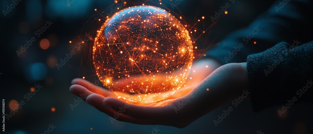 Poster a glowing digital sphere held by a hand, representing the interconnectedness of networks, digital tr