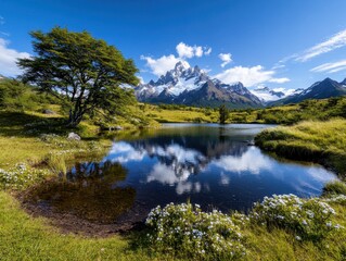 Naklejka premium Stunning Landscape of Torres del Paine's Dramatic Peaks and Reflection