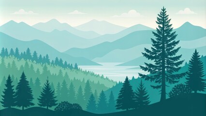 Fototapeta premium Nature background. Serene mountain landscape with pine trees and water.