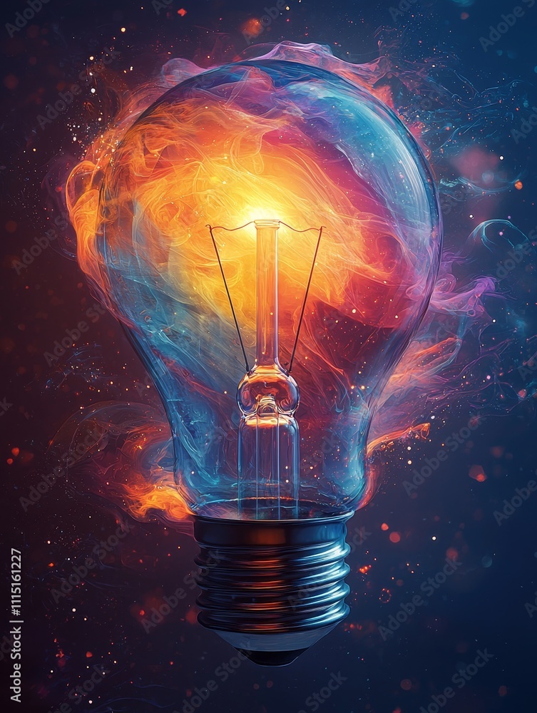Poster colorful light bulb filled with swirling colors in an artistic representation of brightness and crea