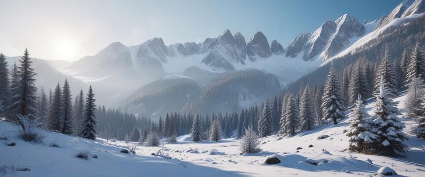 Snowy trees and mountains in the Val di Peio valley , snow, valley