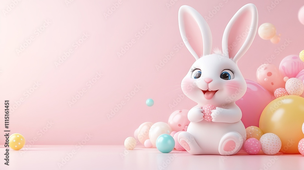 Poster cute 3d rabbit sitting in colorful empty space with soft background