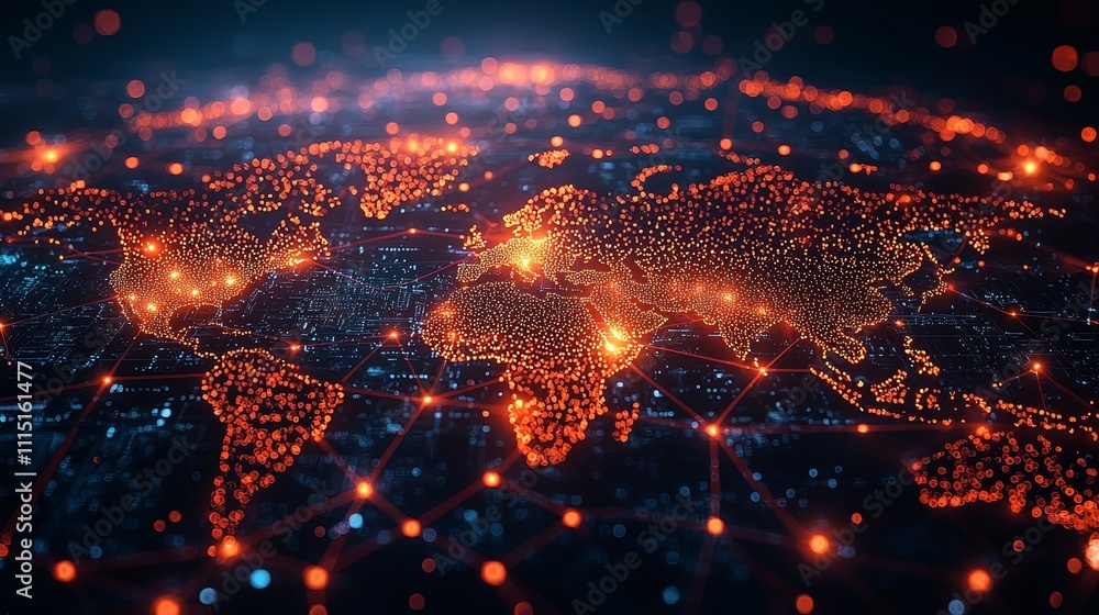 Poster Visual Representation of a Massive Neural Network Connecting Diverse Data Points Across a Global Map Design with a Futuristic Theme