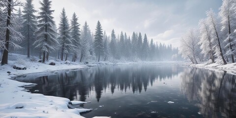 A winter wonderland scene with snow-covered trees and a frozen lake , trees, snow