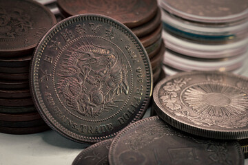 Japanese trade dollar silver coin. ancient Japanese coins of the Meiji era.