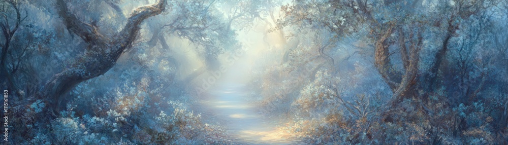 Poster a serene forest path illuminated by soft light through misty trees.