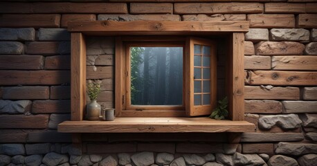Obraz premium Wooden wall with a small window in a cozy nook, wooden wall, book lover's haven